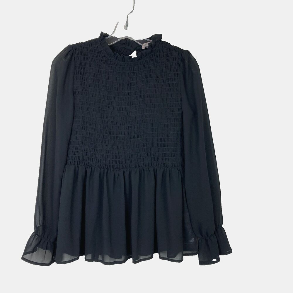 Mi Ami Women's Smocked Peasant Blouse Size S Black Sheer Sleeves Witchy